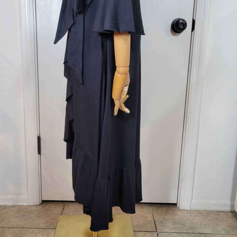 Soft Surroundings Black V-Neck Tie Waist Ruffle Hem Midi Dress XSP - Picture 6 of 11